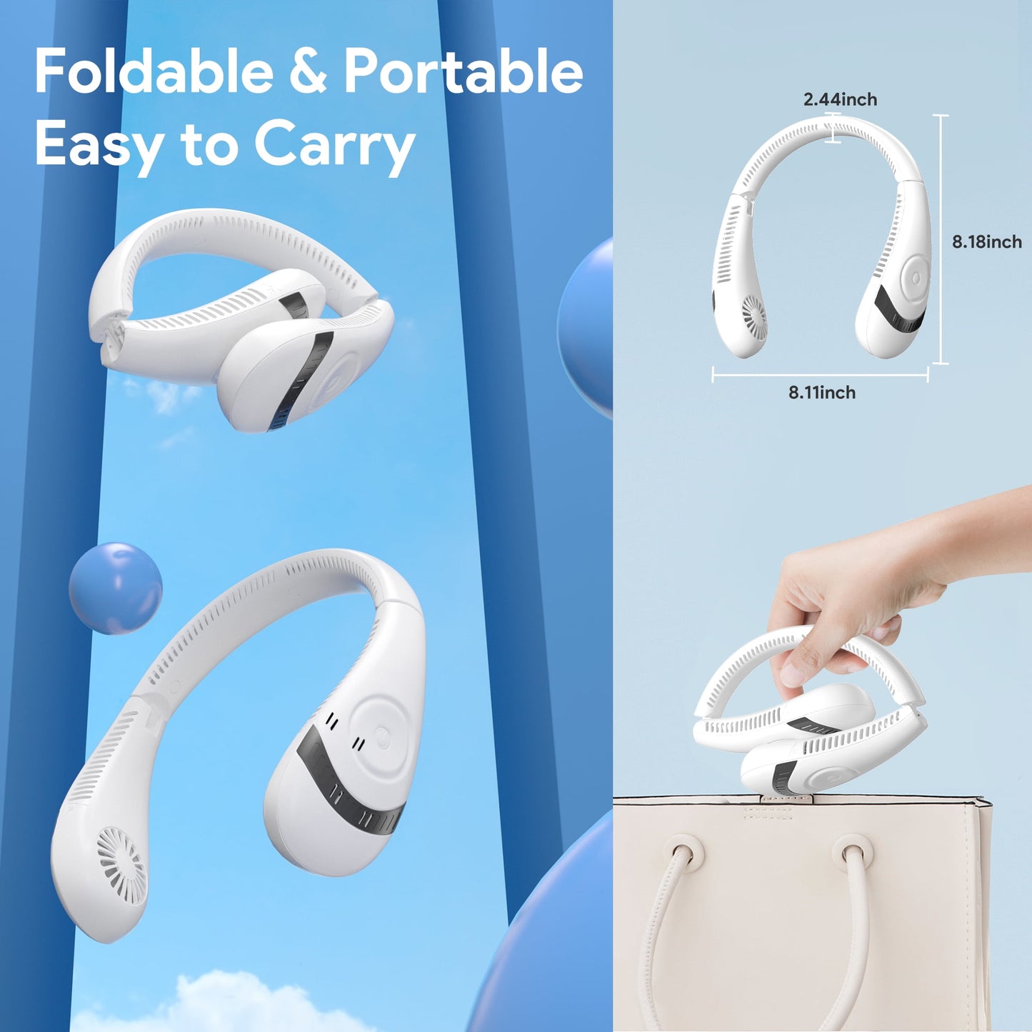 Portable Neck Fan,Folding USB Rechargeable Hands Free Bladeless Neck Fan ,5000mAh High Capacity Battery Personal Mini Neck Air Conditioner with 3 Speeds 80 Air Outlet, White