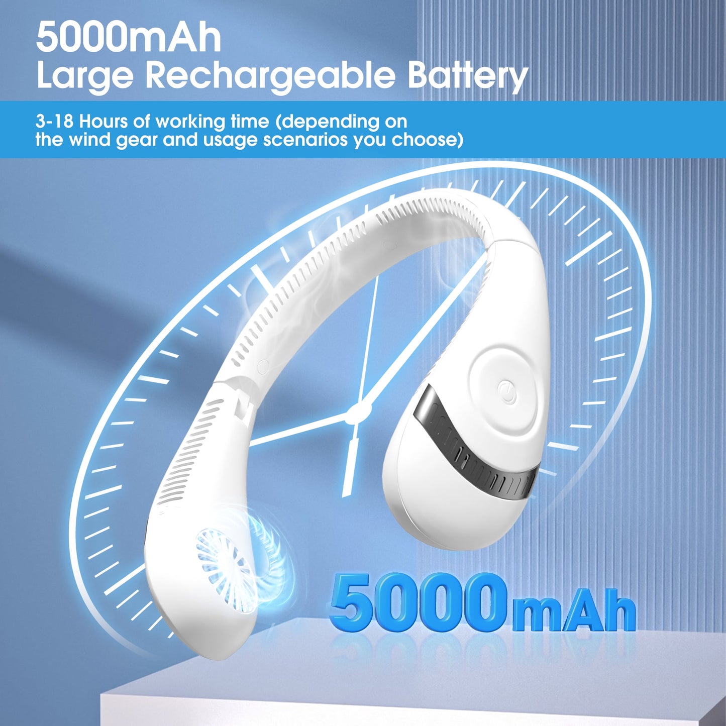 Portable Neck Fan,Folding USB Rechargeable Hands Free Bladeless Neck Fan ,5000mAh High Capacity Battery Personal Mini Neck Air Conditioner with 3 Speeds 80 Air Outlet, White