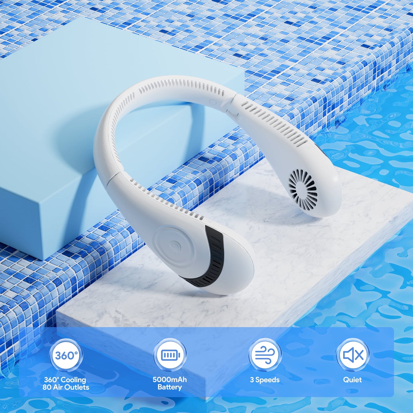 Portable Neck Fan,Folding USB Rechargeable Hands Free Bladeless Neck Fan ,5000mAh High Capacity Battery Personal Mini Neck Air Conditioner with 3 Speeds 80 Air Outlet, White