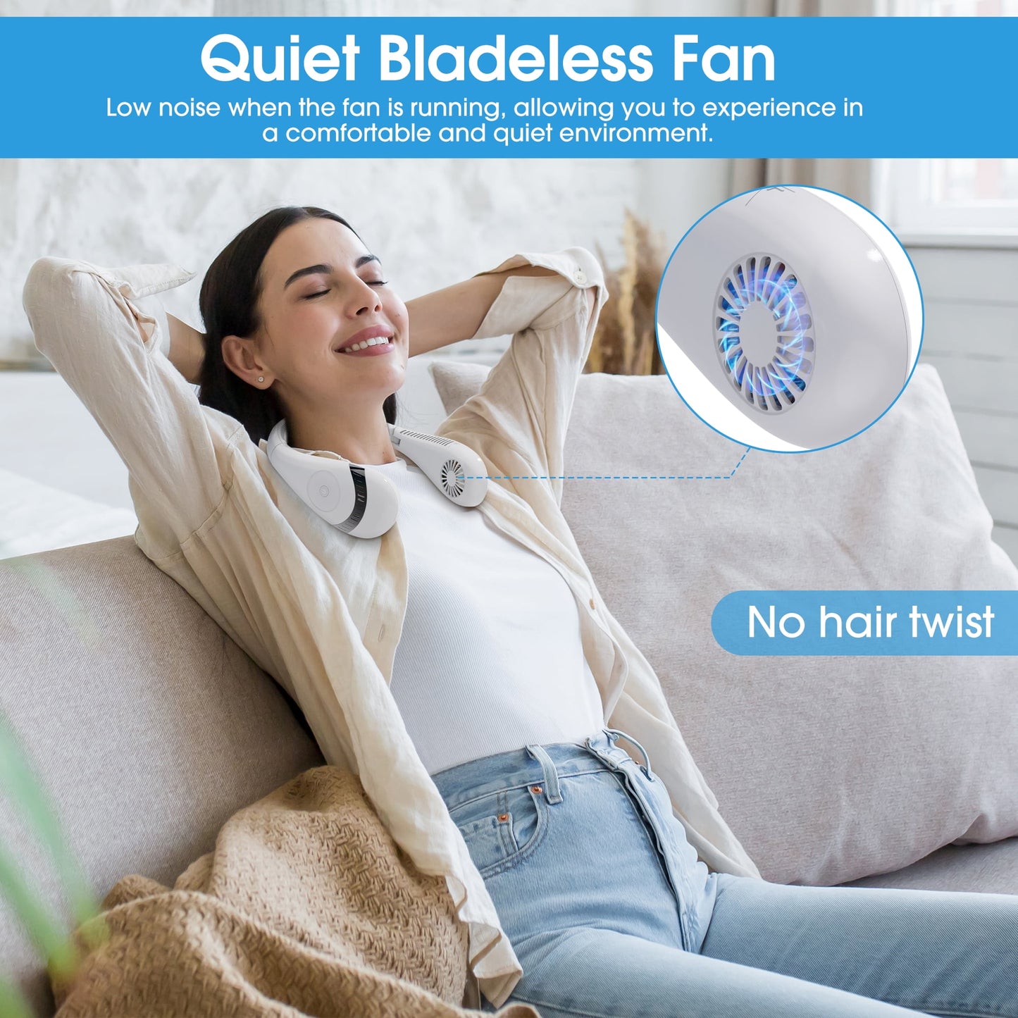Portable Neck Fan,Folding USB Rechargeable Hands Free Bladeless Neck Fan ,5000mAh High Capacity Battery Personal Mini Neck Air Conditioner with 3 Speeds 80 Air Outlet, White