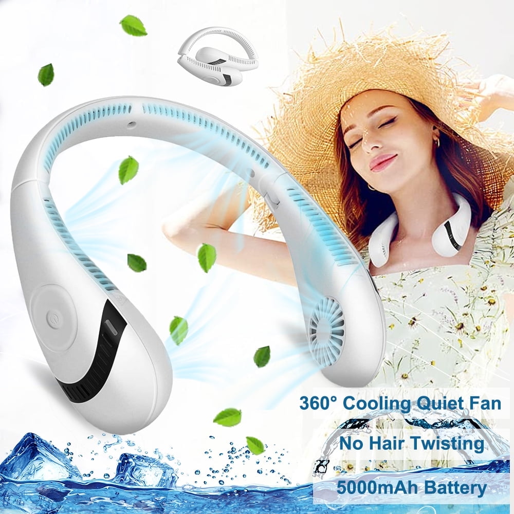 Portable Neck Fan,Folding USB Rechargeable Hands Free Bladeless Neck Fan ,5000mAh High Capacity Battery Personal Mini Neck Air Conditioner with 3 Speeds 80 Air Outlet, White