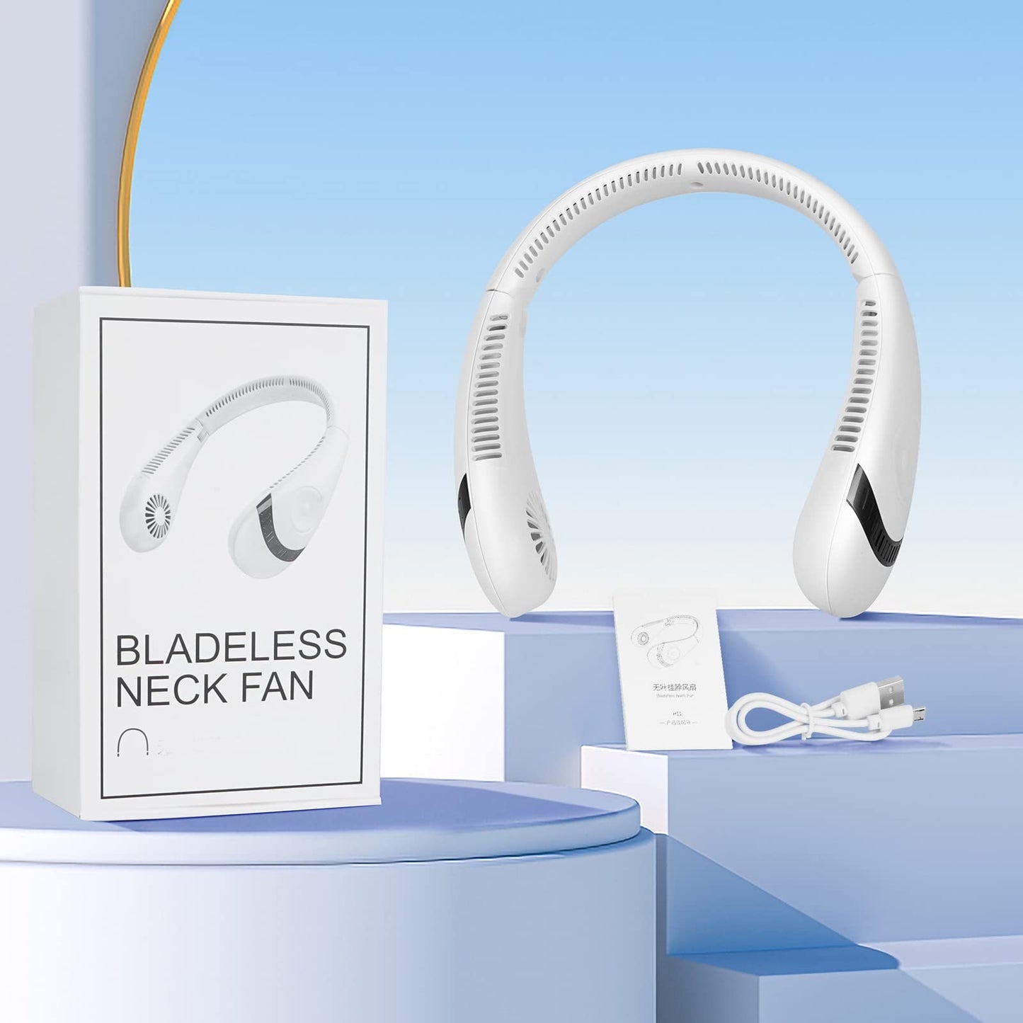 Portable Neck Fan,Folding USB Rechargeable Hands Free Bladeless Neck Fan ,5000mAh High Capacity Battery Personal Mini Neck Air Conditioner with 3 Speeds 80 Air Outlet, White